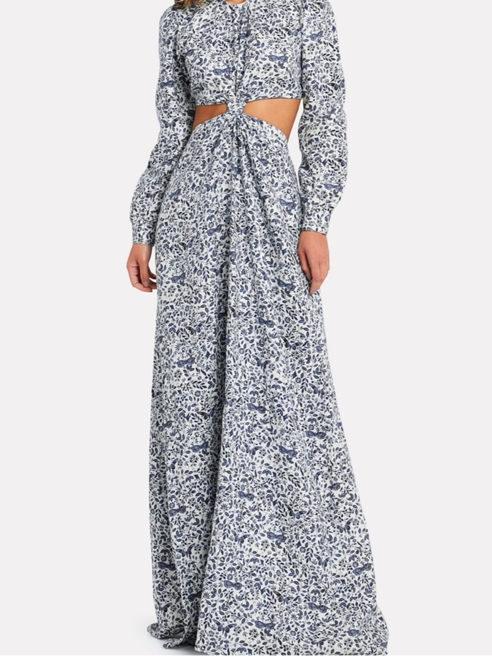 Agua by Agua Bendita Floral Cutout Long Sleeve Maxi Dress in Blue and White